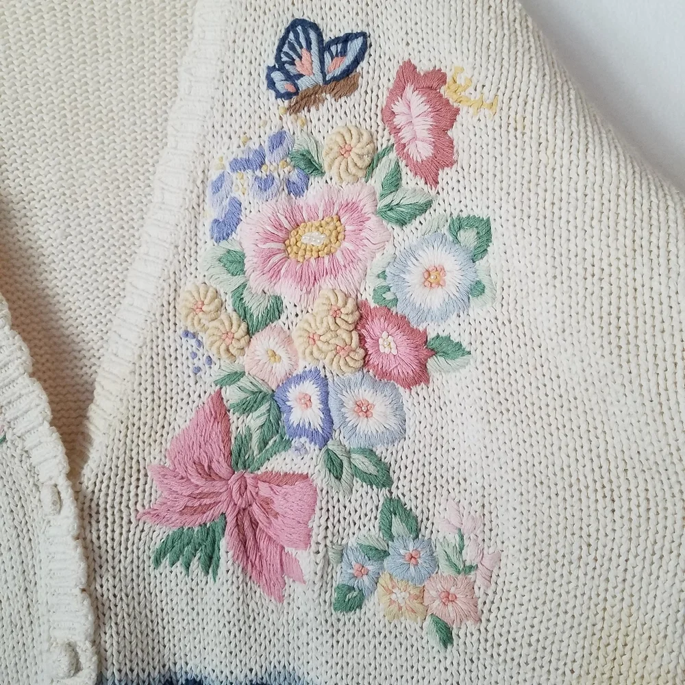 Vtg Gladys Bagley Granny Core Floral Embroidery Button Front Cardigan Sweater - Picture 3 of 12